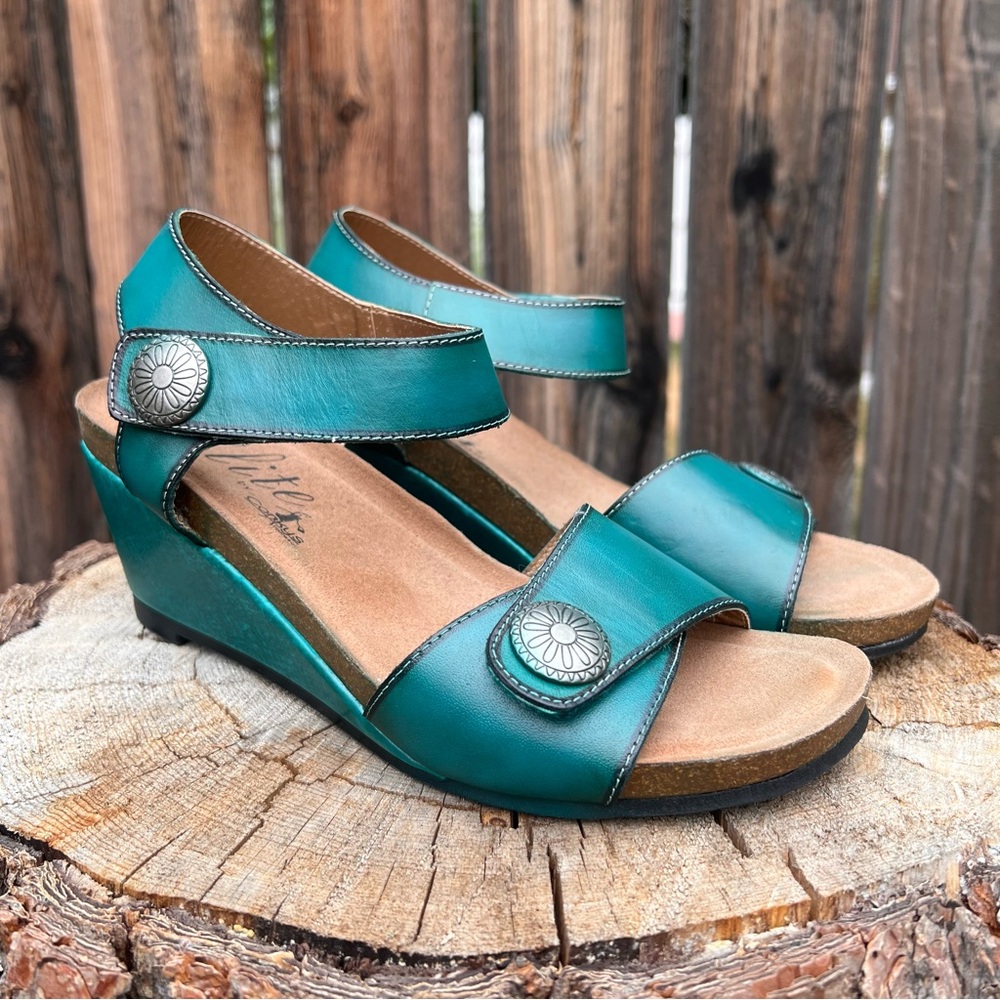 Elite by Corkys Teal Turquoise Comfortable Velcro Wedge Sandal Heels, Women’s 7